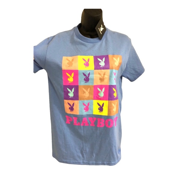 Playboy blue‎ multicolor bunny collage t-shirt new size small new - Picture 4 of 10